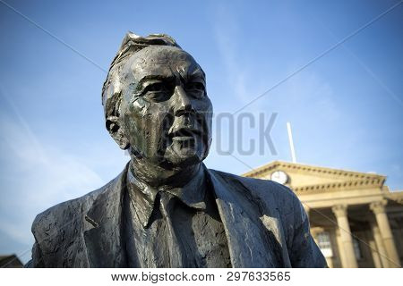 A Statue Of Former Prime Minister And Founder Of The Open University, Harold Wilson. Labour Politici