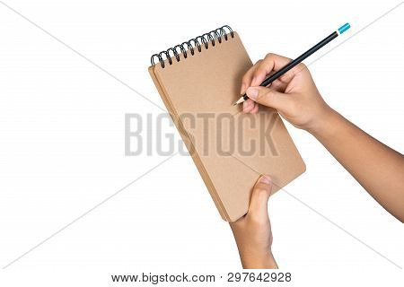 Open Brown Blank Notebook With Ring Loop Binding. Empty Wire-o Brown Notebook Holding Hand And Penci