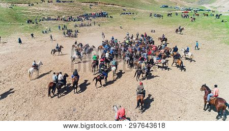 Herd Of Horses View From Drone Frightened Horse Stands On Its Legs During Traditional Game At Karako