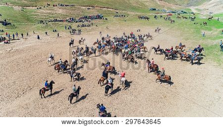 Herd Of Horses View From Drone Frightened Horse Stands On Its Legs During Traditional Game At Karako