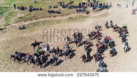 Herd Of Horses View From Drone Frightened Horse Stands On Its Legs During Traditional Game At Karako