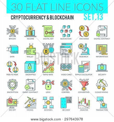Set Of Modern Filled Outline Icons Of Cryptocurrency, Blockchain, Cloud Mining, Finance Technology A