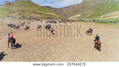 Herd Of Horses View From Drone Frightened Horse Stands On Its Legs During Traditional Game At Karako