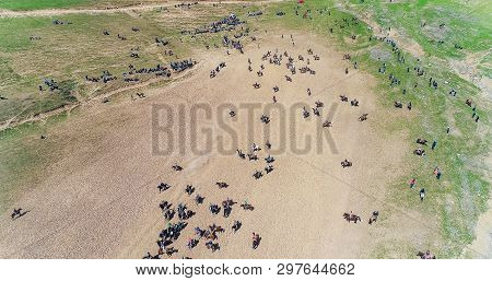 Herd Of Horses View From Drone Frightened Horse Stands On Its Legs During Traditional Game At Karako
