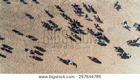 Herd Of Horses View From Drone Frightened Horse Stands On Its Legs During Traditional Game At Karako