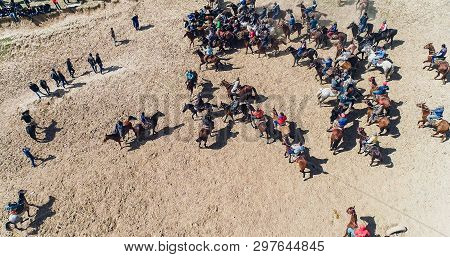 Herd Of Horses View From Drone Frightened Horse Stands On Its Legs During Traditional Game At Karako