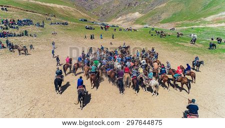 Herd Of Horses View From Drone Frightened Horse Stands On Its Legs During Traditional Game At Karako