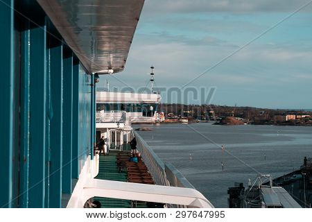 Editorial 03.25.2019 Helsinki Finland. Ms Silja Serenade Leaving Port With The Captain On The Bridge