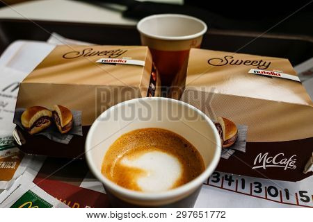 Florence, Italy - 2019. Breakfast In Italy, Espresso Macchiato And Chocolate Burger.