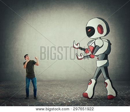 Tiny Man Ready For Battle Against Giant Droid Artificial Intelligence. Self Defense Concept, Rivalry