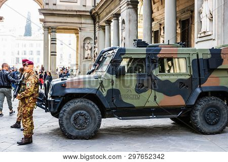 Florence, Italy - 2019. Military Police In The Main Squares Of Florence, Italy.