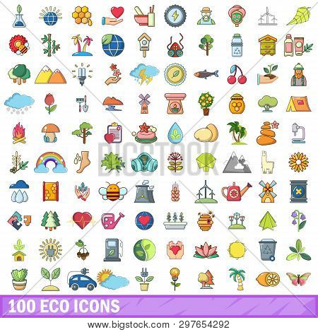 100 Eco Icons Set. Cartoon Illustration Of 100 Eco Icons Isolated On White Background