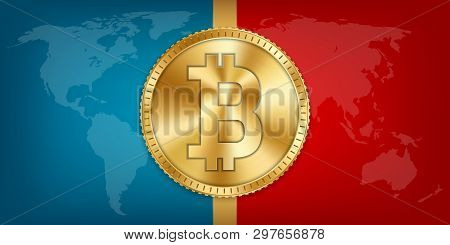 Creative Vector Illustration Of 3d Golden Bitcoin Coin Isolated On Background. Art Design Digital Cu