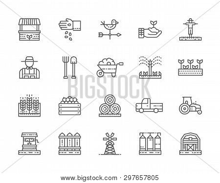 Set Of Farming And Agriculture Line Icons. Farmer, Tractor, Millwheel And More.