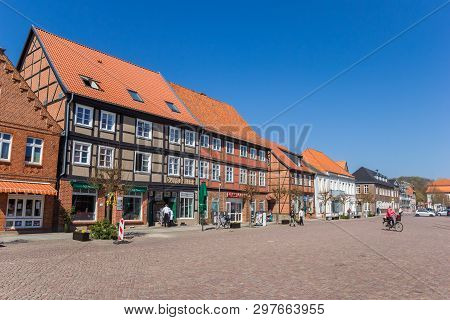 Boizenburg, Germany - April 16, 2019: Central Market Square With Shops In Boizenburg, Germany