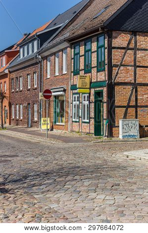 Boizenburg, Germany - April 16, 2019: Cobblestoned Street In The Center Of Boizenburg, Germany