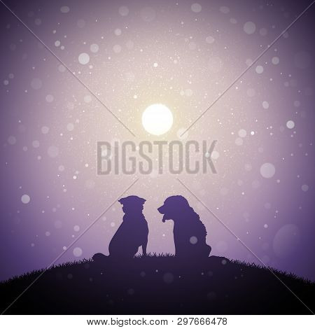 Dog Friends At Sunrise. Vector Conceptual Illustration With Silhouettes Of Two Animals Sitting On Hi