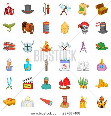 Horned Helmet Icons Set. Cartoon Style Of 36 Horned Helmet Icons For Web Isolated On White Backgroun