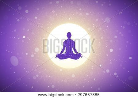 Yoga At Sunrise. Vector Conceptual Illustration With Silhouette Of Yoga Girl In Lotus Pose. Pastel B