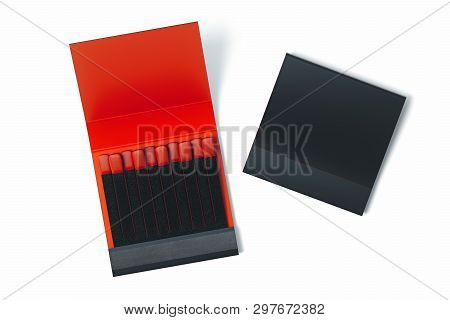 Black Blank Matchbox With Matches On White Background. 3d Rendering.