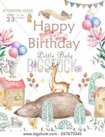 Cute Baby Deer And With Tasty Cake Animal Isolated Illustration For Children. Bohemian Watercolor Bo