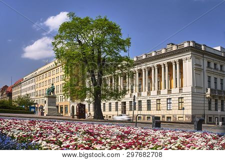 Flowerbed And Front Elevation Of The Public Library Building Raczynski In Poznan