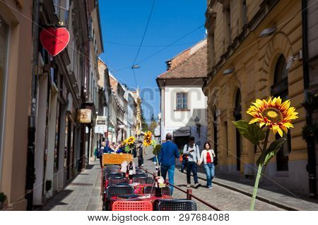 Zagreb, Croatia - April, 2018: Artificial Sun Flower At An Spanish Restaurant Located At A Beautiful