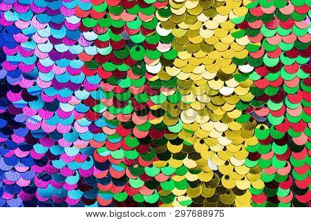 Multicolour Beautiful Iridescent Sequins Texture, Fish Scale Fabric Background, Close Up