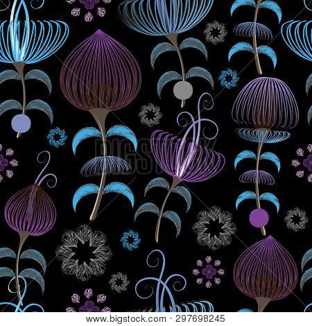 Vector Floral Seamless Pattern On Black Background. Fairy Magic Garden. Stylized Flowers.