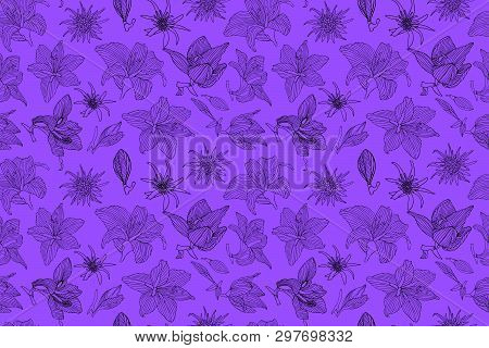 Vector Seamless Neon Pattern. Hippeastrum, Lily And Tragopogon.