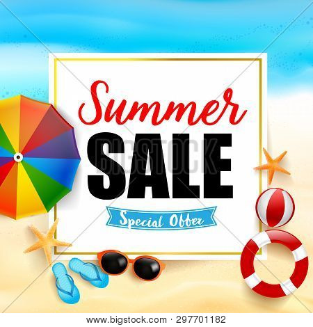 Summer Sale Titile On White Rectangle Over Abstract Background Top View Of Sand And Sea Beach Starfi