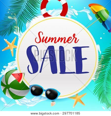 Summer Sale Titile On White Circle Over Abstract Background Top View Of Sand And Sea Beach Starfish 