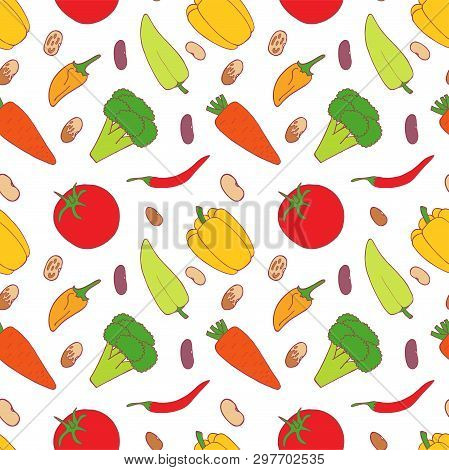 Set Of Vegetable  Seamless Pattern For Wallpaper Design. Pepper, Broccoli, Carrot, Beans, Tomato.  O