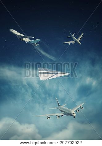 Paper Plane Flyies In The Sky Along The Real Planes. The Concept Of Kickstart.