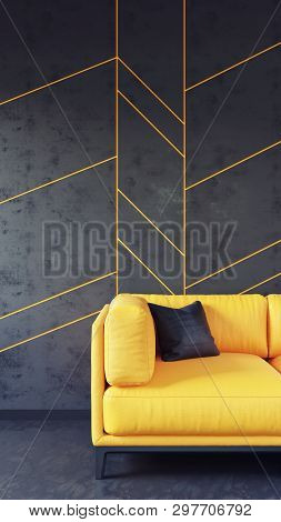 3d Render Of Yellow Sofa With Black Wall Panels