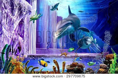 3d Oceanic Background, Dolphins, Turtle, Fish, Coral