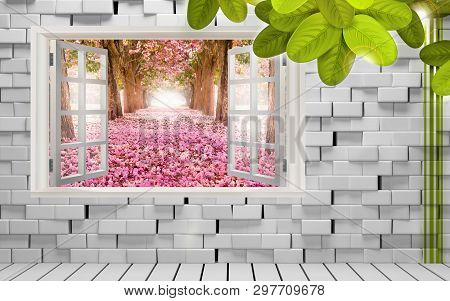 3d Illustration, Background, Bricks, Window, Spring Alley, Green Leaves