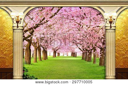 Golden And Pink 3d Background, Golden Columns, Spring, Alley With Spring Flowering Trees And Grass