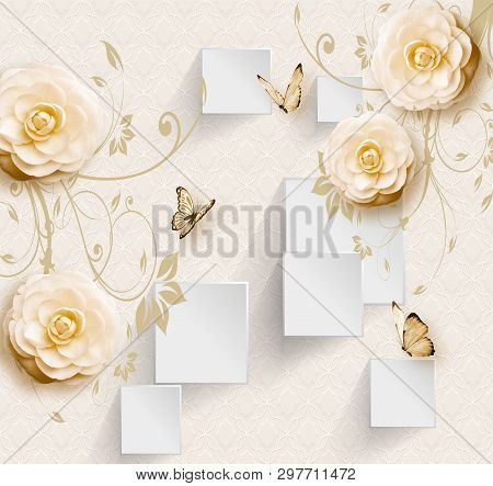 3d Illustration, Light Background, White Rectangles And Beige Flowers