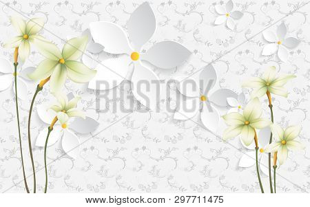 3d Illustration, White Background With Ornament And Flowers