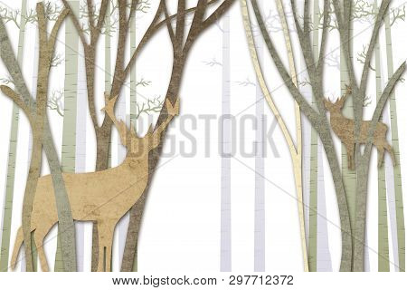 Background Carved From Paper, Forest And Reindeer