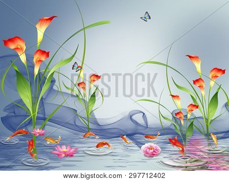Blue Background - Flowers In The Water, Goldfish, Butterflies Fly