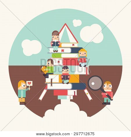Funny Cartoon Characters Reading Books On Books Stacked In Rocket Silhouette. Concept - Knowledge, S