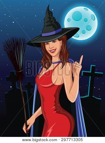 Color Vector In Realistic Style Halloween Illustration. Sexy Witch With Broom Smiling And Pointing F
