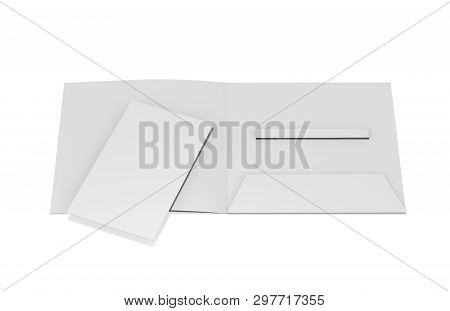 Blank white plastic card mockup inside paper booklet holder, mock up template on isolated white back