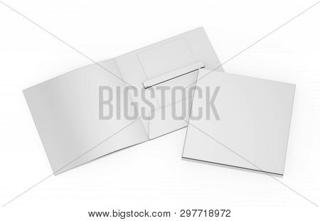 Blank White Plastic Card Mockup Inside Paper Booklet Holder, Mock Up Template On Isolated White Back
