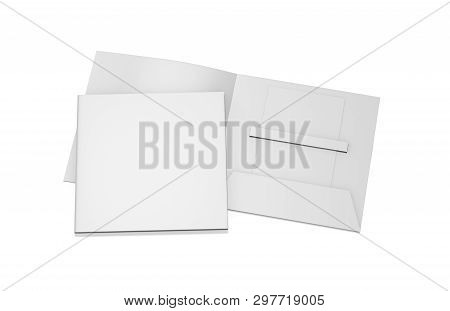 Blank White Plastic Card Mockup Inside Paper Booklet Holder, Mock Up Template On Isolated White Back