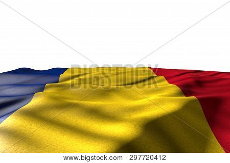 Beautiful Mockup Image Of Romania Flag Lying Flat With Perspective View Isolated On White With Place