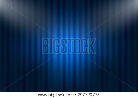 Entertainment Curtains Background For Movies. Beautiful Blue Theatre Folded Curtain Drapes On Black 