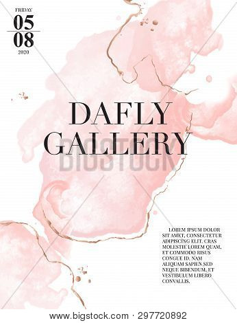 Marble Tender Watercolor Designtemplate. Rose Gold Splashes Tiwh Glitter Golden Frame  Lines Decorat